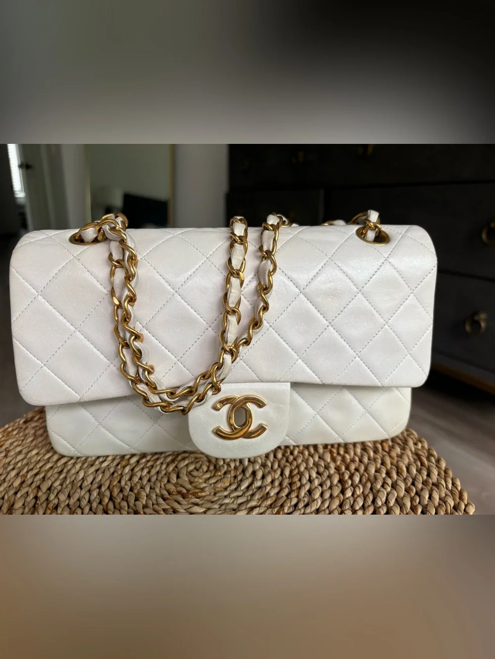 CHANEL White Quilted Lambskin Shoulder Bag